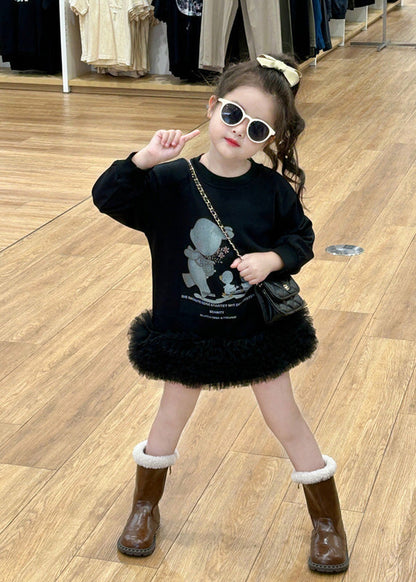 Robe mi-longue noire en tulle à col rond et patchwork pour fille, printemps TG005