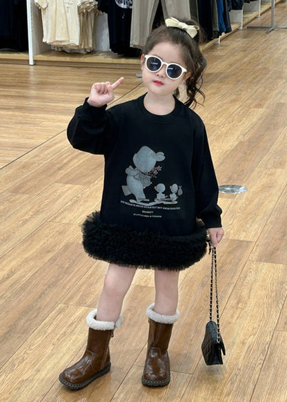 Robe mi-longue noire en tulle à col rond et patchwork pour fille, printemps TG005