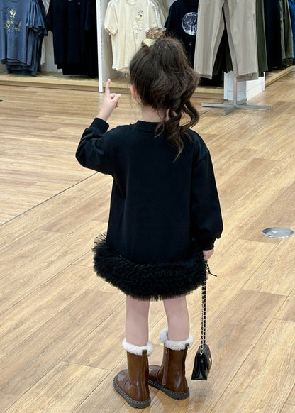 Robe mi-longue noire en tulle à col rond et patchwork pour fille, printemps TG005