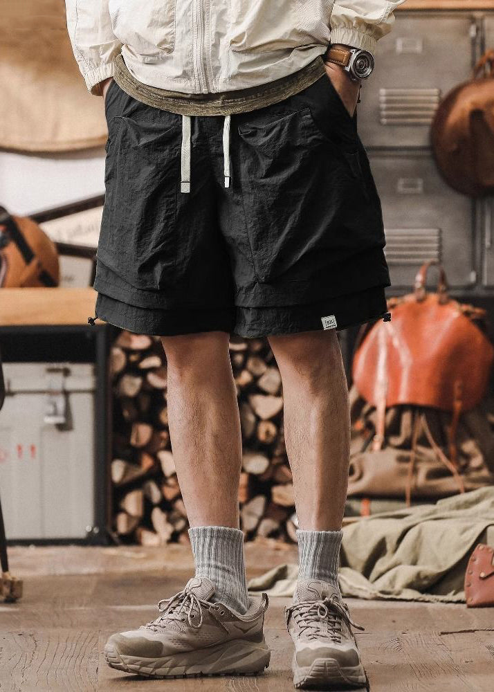 New Cotton Patchwork Pockets Mens Pieces Two Shorts Black False