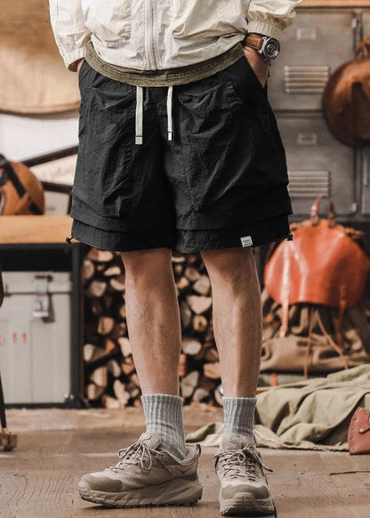 New Cotton Patchwork Pockets Mens Pieces Two Shorts Black False