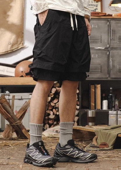 New Cotton Patchwork Pockets Mens Pieces Two Shorts Black False