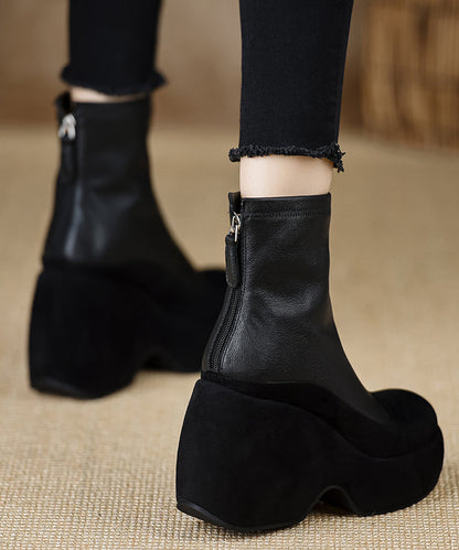Neue schwarze Stiefeletten mit Keilabsatz und Reißverschluss aus Schaffell RX013