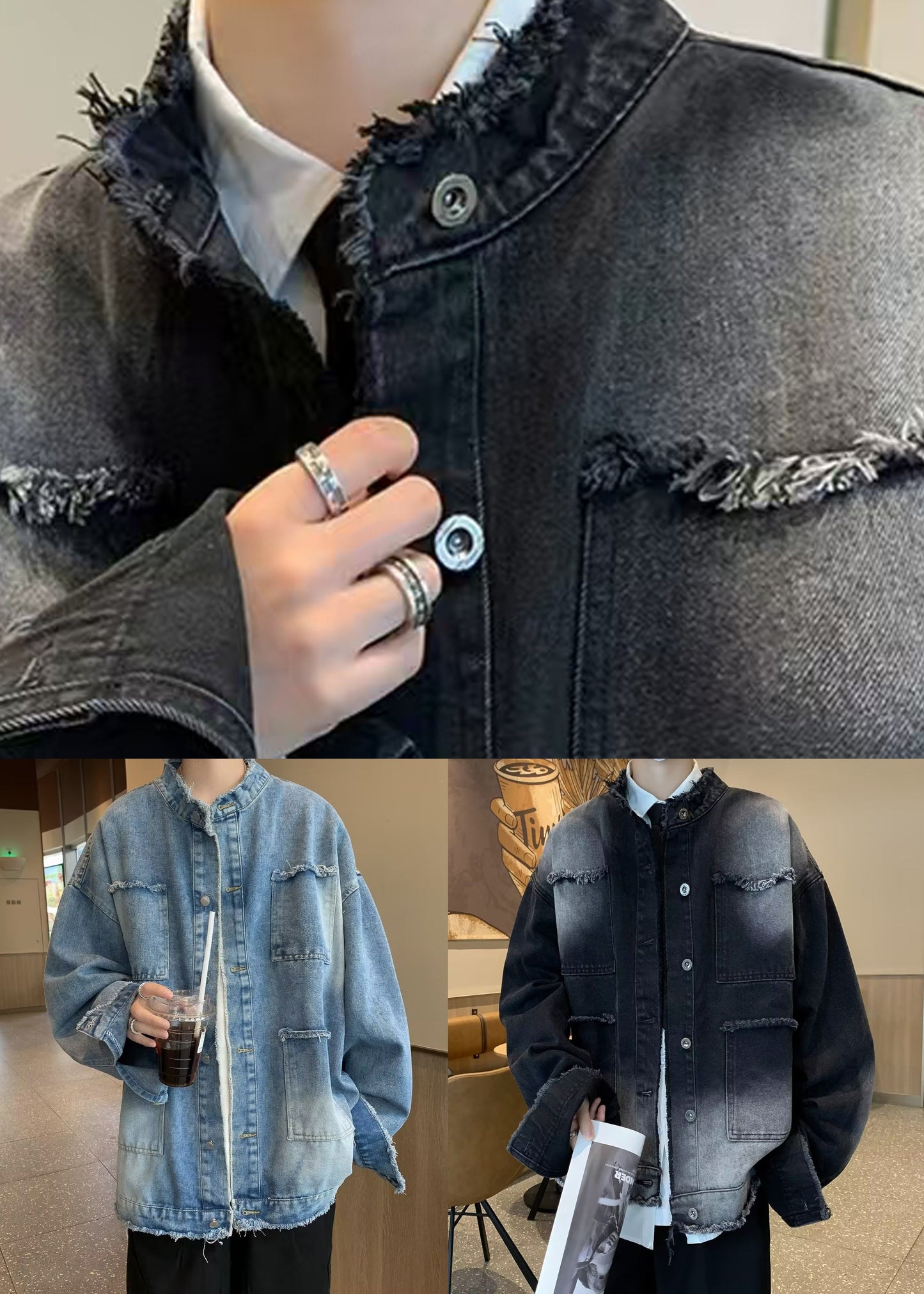 Neu Denim Knopf Kragen Frühling TC037 Schwarz Taschen Stehen Mantel Herren