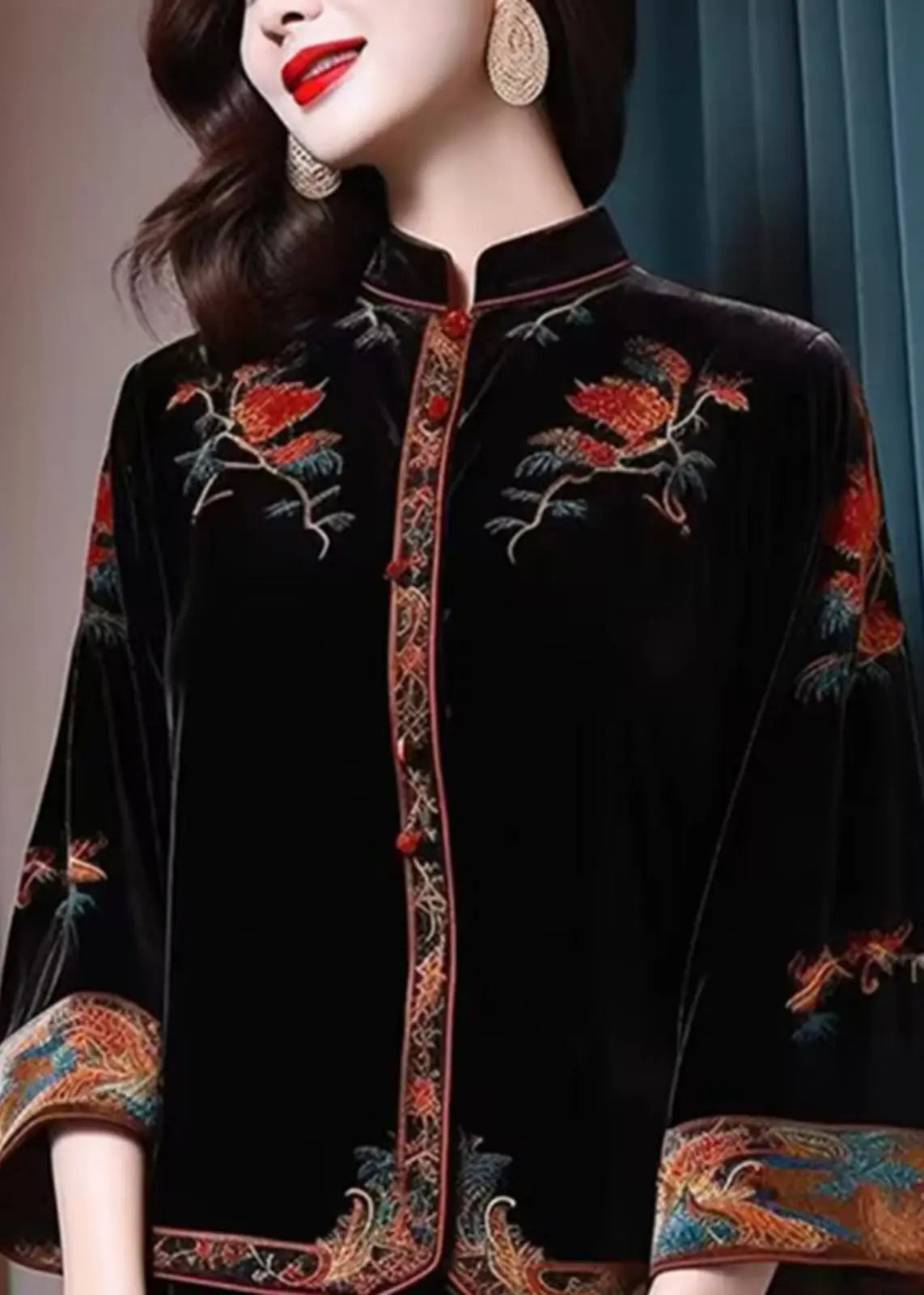 New Black Stand Collar Embroidered Patchwork Silk Velour Top Fall Ada Fashion