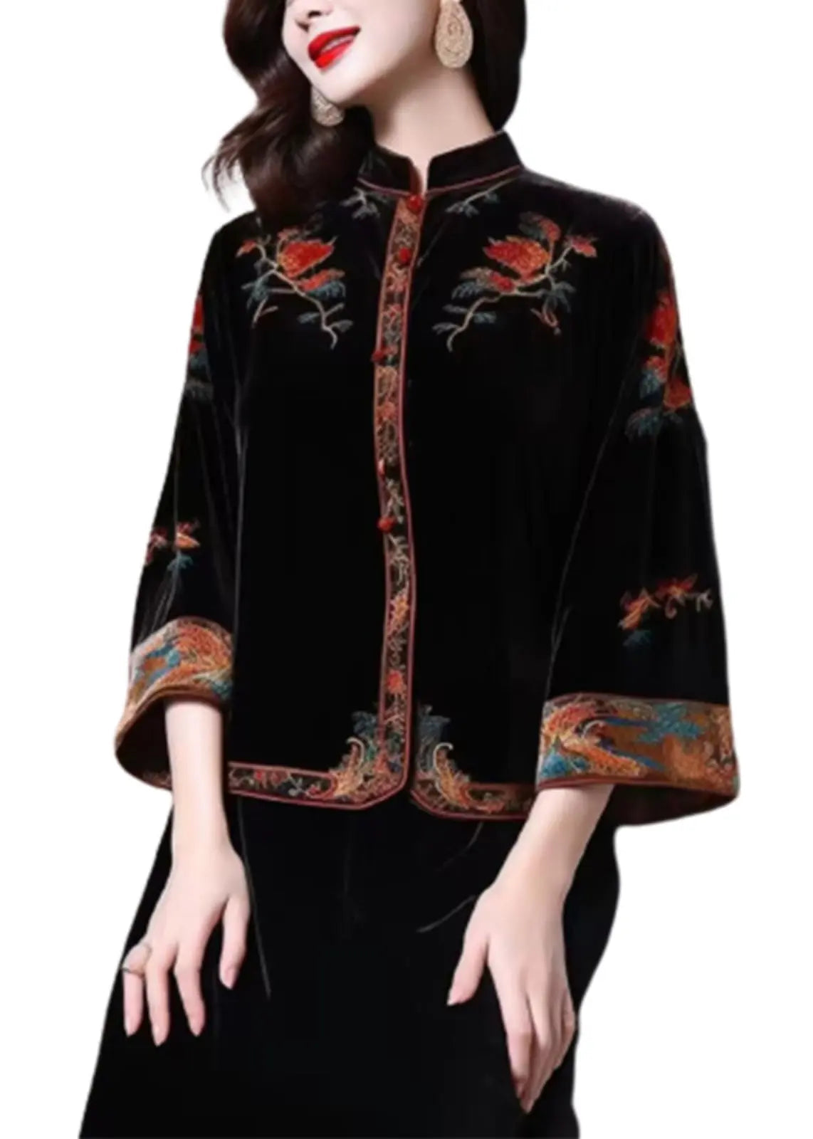 New Black Stand Collar Embroidered Patchwork Silk Velour Top Fall Ada Fashion