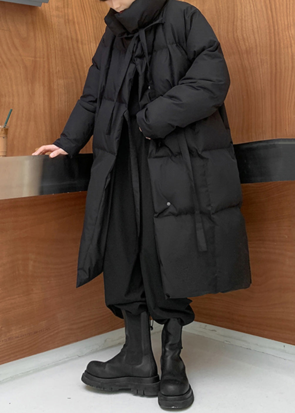 Neu Schwarz Stehkragen Schnürung Männer Lange Parkas Winter RM001