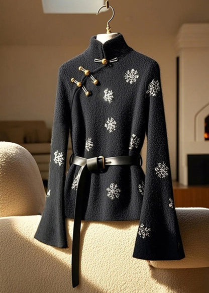 Nouveau haut noir en coton à col montant et manches évasées, imprimé boutons, TY006