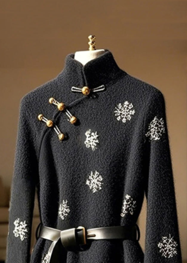 Nouveau haut noir en coton à col montant et manches évasées, imprimé boutons, TY006