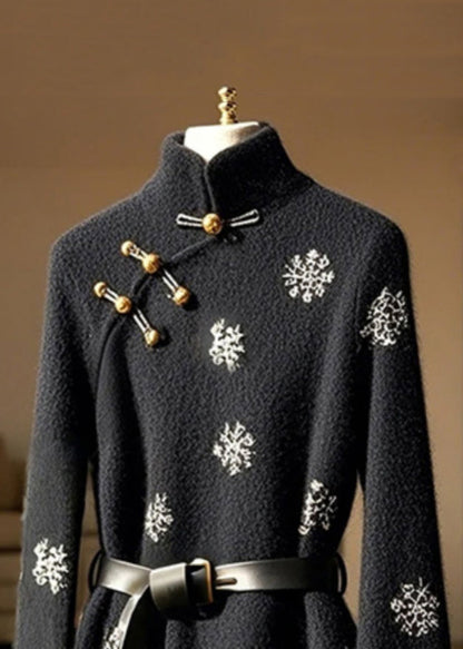 Nouveau haut noir en coton à col montant et manches évasées, imprimé boutons, TY006