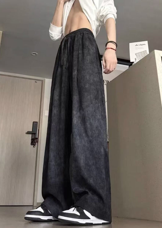 Pantalon d'été noir en coton teinté pour homme, élastique, avec ceinture, cravate, neuf
