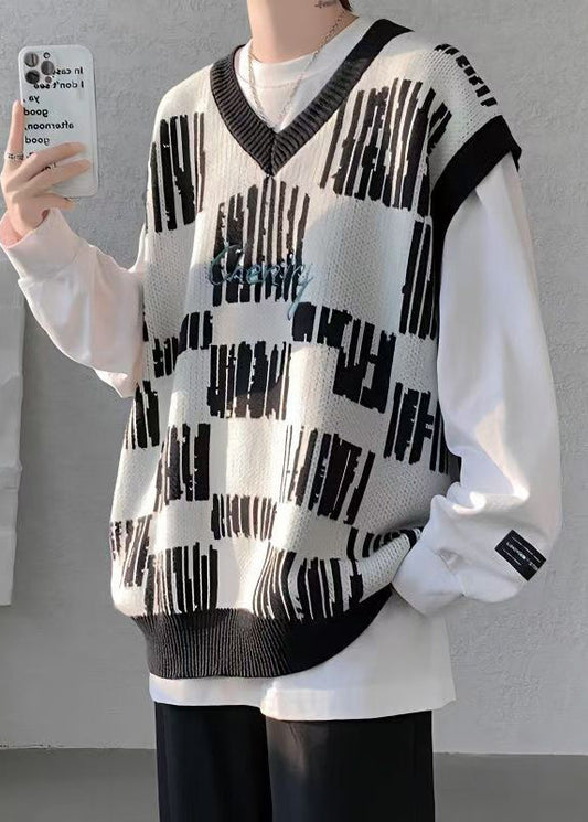 Neu Schwarz V-Ausschnitt Gemütliche Patchwork Strick Herren Weste Ärmellos RJ030