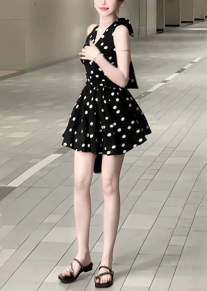 Neck Cotton Mid Dress Bow New Black Dot V Sleeveless