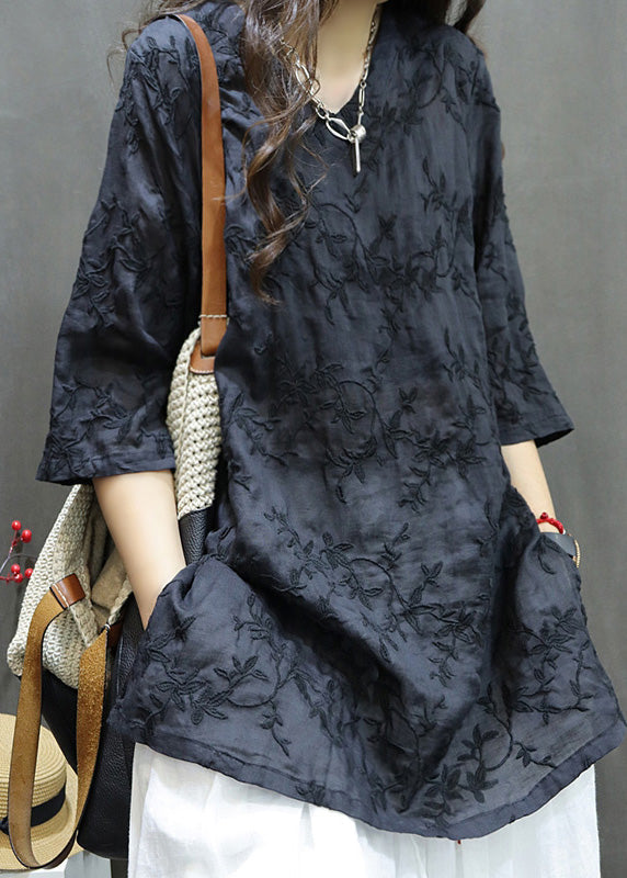 Linen New Dresses Neck Mid Embroidered Black Summer V