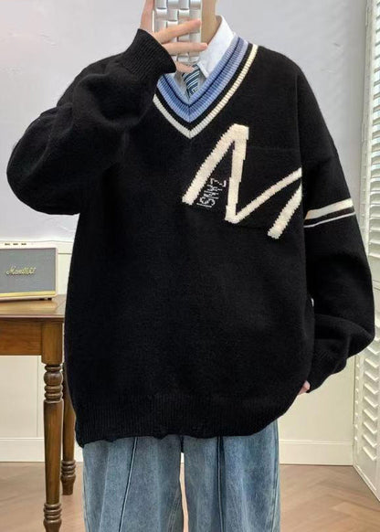 Schwarzer Strickhals Frühlingsloch Neue Patchwork V Männer Pullover