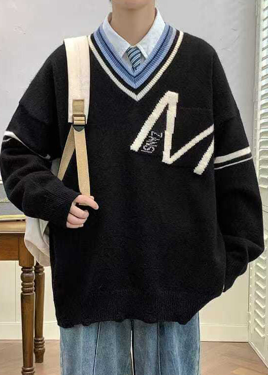 Schwarzer Strickhals Frühlingsloch Neue Patchwork V Männer Pullover