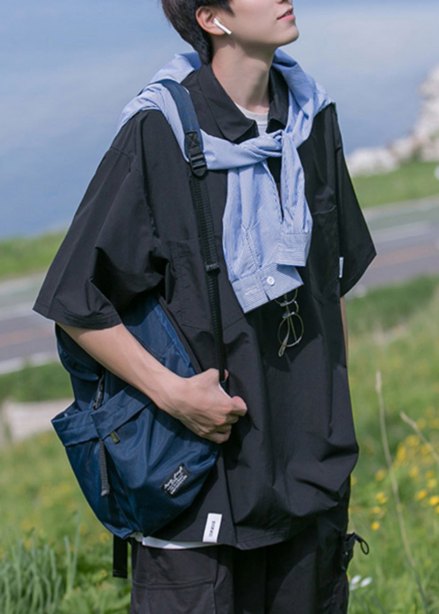 Pockets Black Zip Solid Shirt Men Polo Cotton New Summer Up