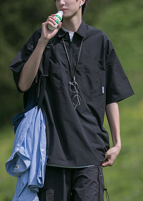 Pockets Black Zip Solid Shirt Men Polo Cotton New Summer Up