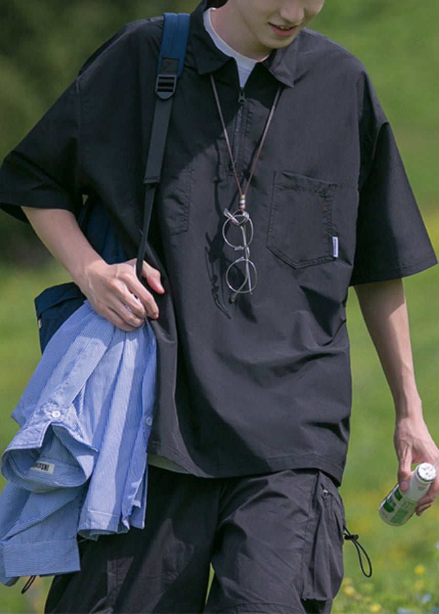 Pockets Black Zip Solid Shirt Men Polo Cotton New Summer Up