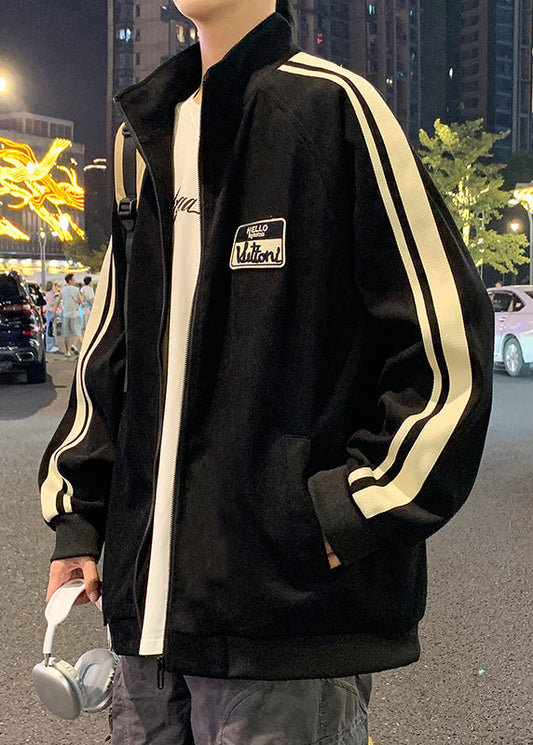 Manteau noir à rayures et fermeture éclair en coton pour homme