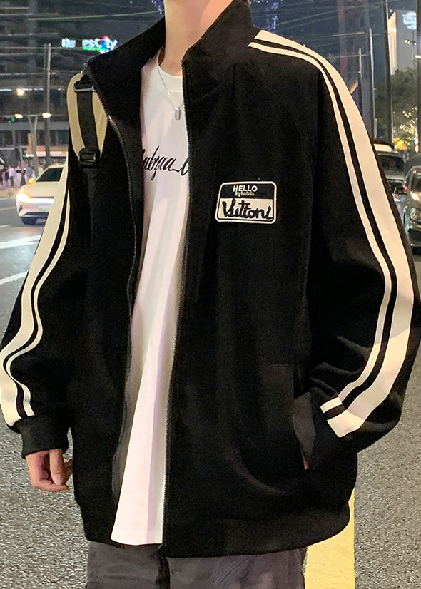 Schwarzer neuer gestreifter Frühlings-Reißverschluss-Baumwollmantel für Herren