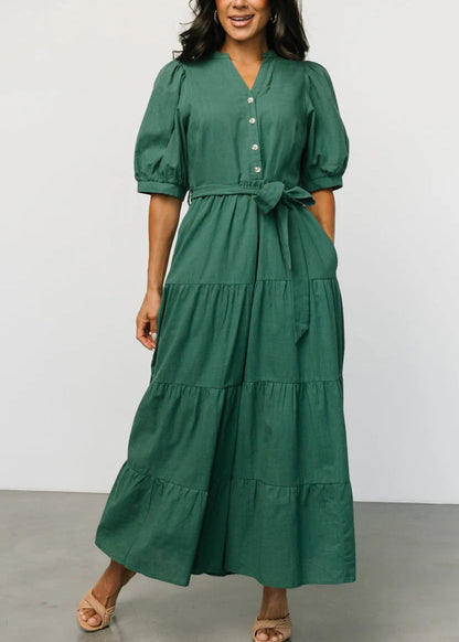 Nouvelle robe en coton uni vert noirâtre à taille nouée à manches courtes AU1003