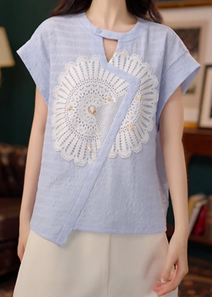 Blue Cotton Shirt Asymmetrical Out New Summer Hollow