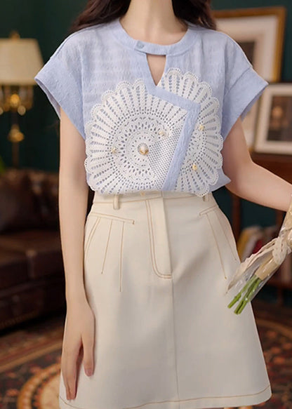 Blue Cotton Shirt Asymmetrical Out New Summer Hollow