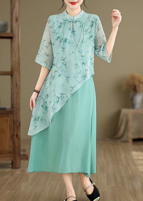 New Blue Asymmetrical Print Cotton Long Dresses Half Sleeve JH049