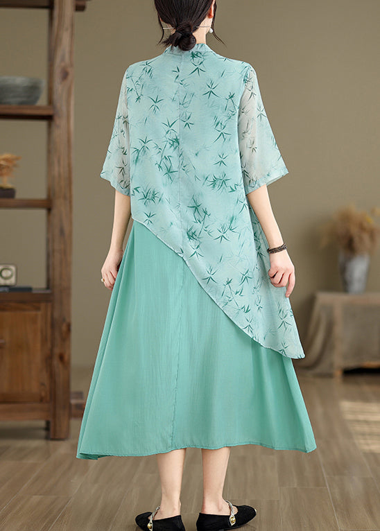 New Blue Asymmetrical Print Cotton Long Dresses Half Sleeve JH049