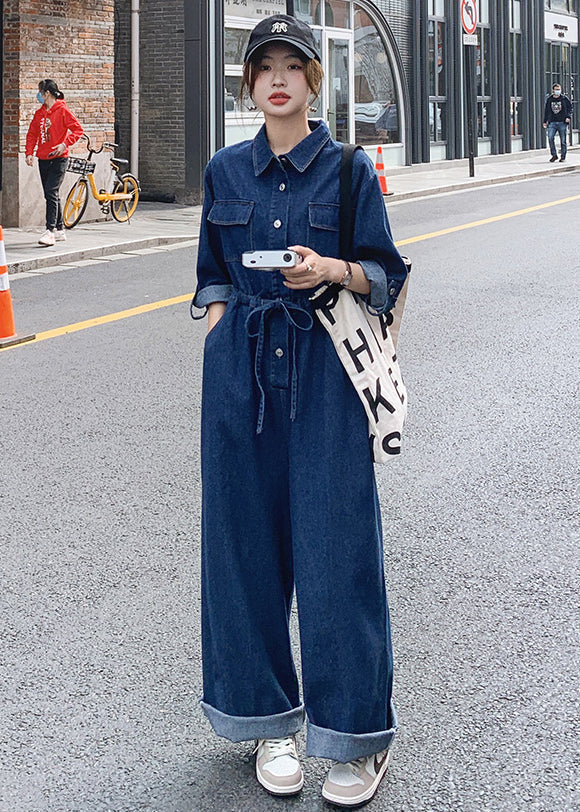 Neuer blauer Denim-Overall mit Knopfleiste und Taschen, lange Ärmel, MN046