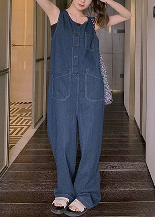 Neuer ärmelloser Denim-Overall mit Knopftaschen in Blau XX029