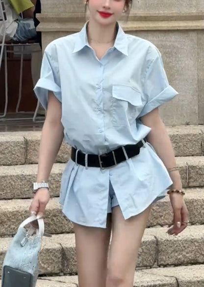 Two Piece New And Blue Summer Shorts Set Cotton Button Shirts