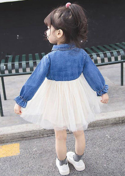 Robe patchwork en tulle à boutons bleus pour filles, manches évasées, XZ095