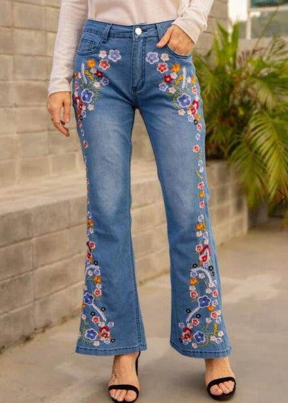 Nouveau pantalon évasé en denim bleu taille haute brodé printemps
