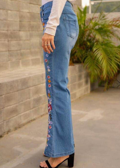Nouveau pantalon évasé en denim bleu taille haute brodé printemps