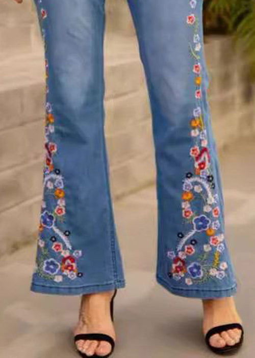 Nouveau pantalon évasé en denim bleu taille haute brodé printemps