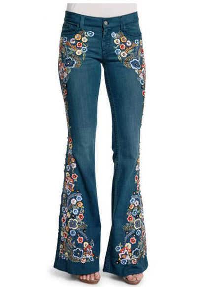 Nouveau pantalon évasé en denim bleu taille haute brodé printemps