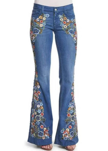 Nouveau pantalon évasé en denim bleu taille haute brodé printemps