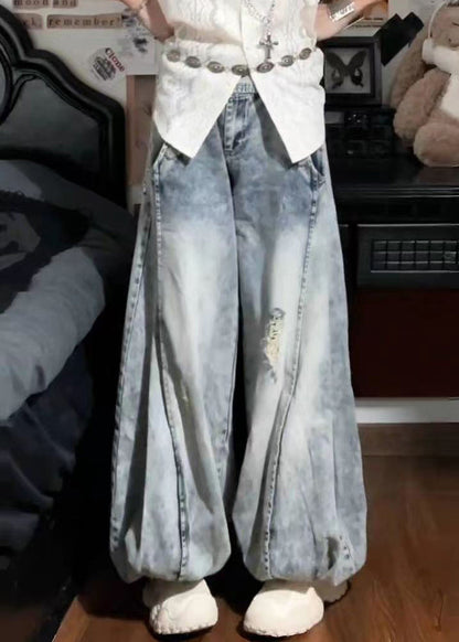 Nouveau pantalon lanterne en denim taille haute avec poches à trous bleus Automne QF054