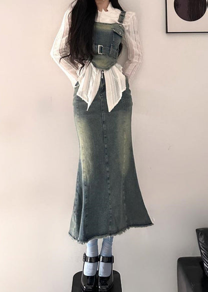 Ensemble 3 pièces en denim bleu avec poches à lacets et manches longues XX046