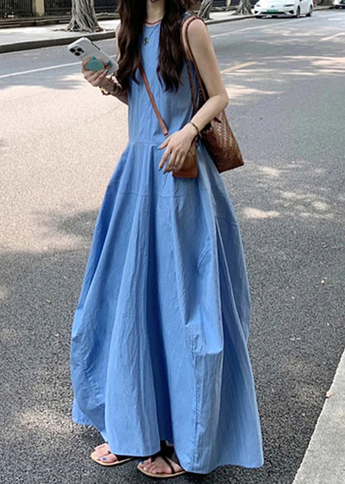 New Blue O Neck Pockets Solid Cotton Long Dress Sleeveless QF049