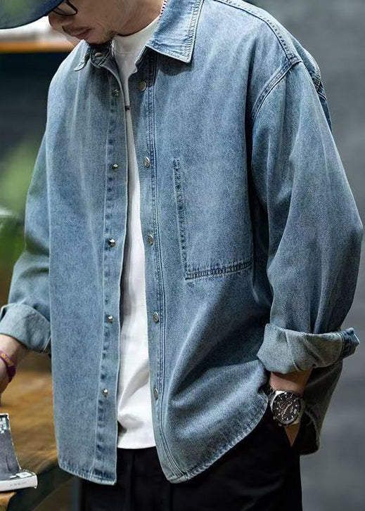 Chemise à col boutonné en denim bleu pour homme, modèle Peter Pan, nouvelle collection