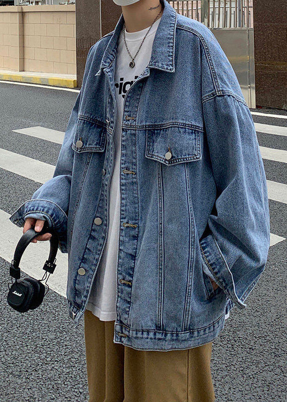 Manteau en jean boutonné à col Pan Peter, bleu printemps, poches pour hommes