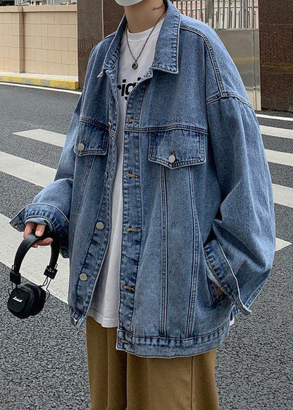 Manteau en jean boutonné à col Pan Peter, bleu printemps, poches pour hommes