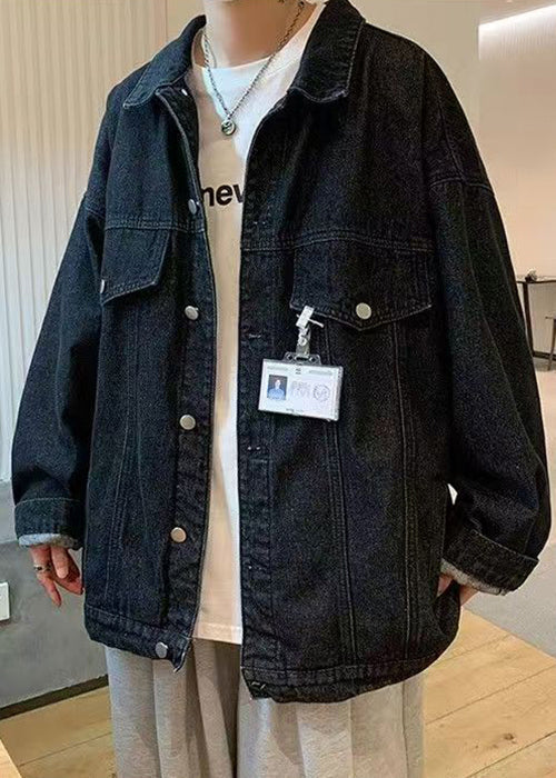 Manteau en jean boutonné à col Pan Peter, bleu printemps, poches pour hommes