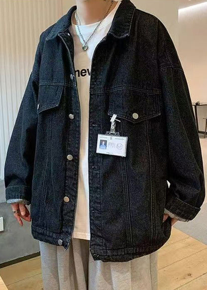 Manteau en jean boutonné à col Pan Peter, bleu printemps, poches pour hommes