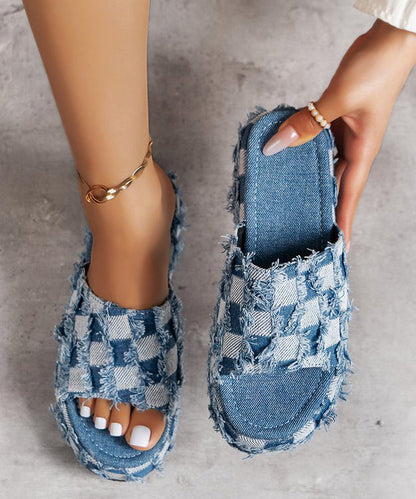 Nouvelles sandales à plateforme en denim bleu à carreaux et pampilles UU001