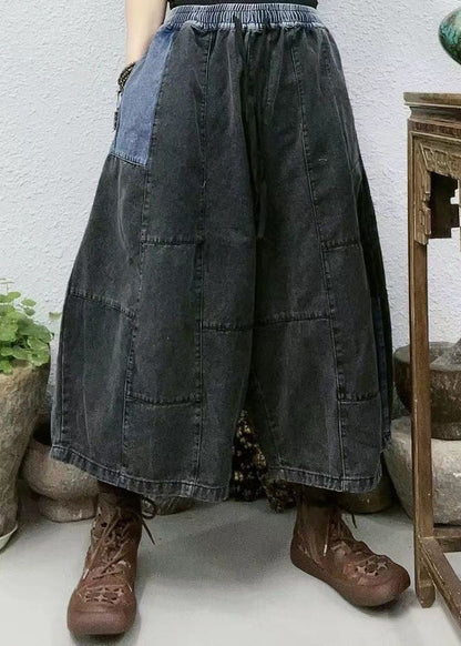 Pantalon court en denim patchwork à taille élastique avec poches bleues pour l'été VV095