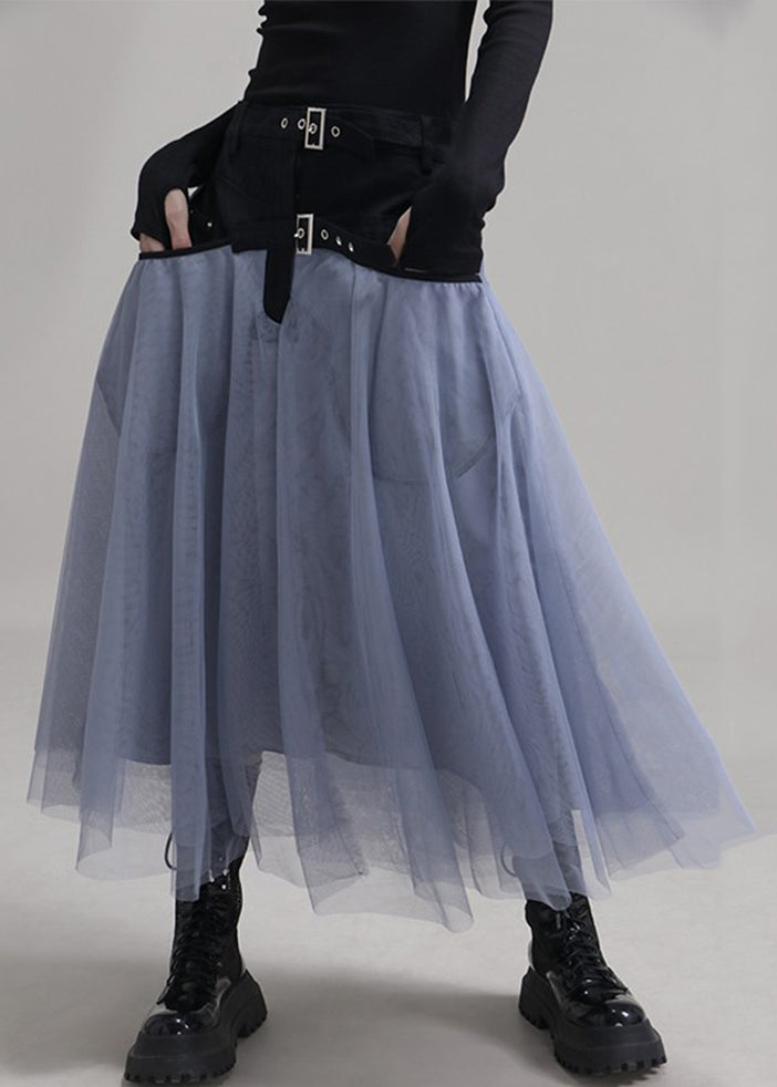 New Blue Pockets Elastic Waist Patchwork Tulle Skirt Summer Ada Fashion